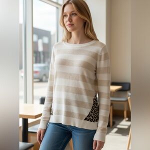 Charlotte Tarantola Khaki and White Striped Cotton Tee Leopard Panel Size S